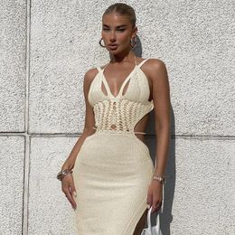 Casual Dresses Fashion Cut Out Knitted Bodycon Dress Solid Colour Women Halter Neck Summer Backless Beach Hollow Bandage Party
