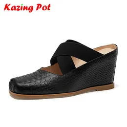 Dress Shoes Krazing Pot Cow Skin Mules Square Toe Women Summer Street Wear Wedges Chunky Heels Patterns Leather Preppy Style Shallow Pumps
