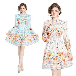 Boutique Floral Dress Girl Long Sleeve Palace Dress Summer Autuumn Printed Dress High-end Retro Lady Lanter Sleeve Dresses OL Runway Dresses