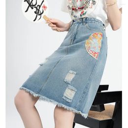 Skirts Mid-Length Denim Skirt For Women 2024 Spring High Waist Slim Slimming National Style Embroidered A- Line Faldas