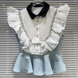 Women's Blouses 2024 Summer Classic Style Rhinestone Beaded Chiffon Lace Sleeveless Shirt Blouse For Women Slim Short Top