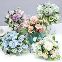 Decorative Flowers 7 Heads Hydrangea Artificial Bouquet Silk Blooming Fake Rose Hand Flower For Wedding Anniversary Party Desktop Decor