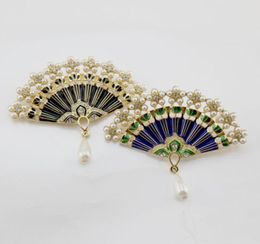 brooch corsage men women safety pin retro Chinese Fan fringed pearl brooch pin unisex diamond fashion accessories 3pcslot20806934468335