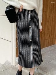 Skirts Fall Winter Knit Midi Skirt Women High Waist Button Straight Versatile Sweater Black White Elegant Korean Fashion