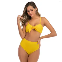 Women's Swimwear Women Bikini Set Spaghetti Strap High Waist Bathing Suit Sexy Yellow Black Red Solid Two Pieces Lady Swimsuit