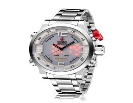 OHSEN Brand 1608 Men039s Watch Luxury Stainls Steel Dual Time Sports Clock Waterproof Quartz Digital Men Wrist Watch Reloj6662304