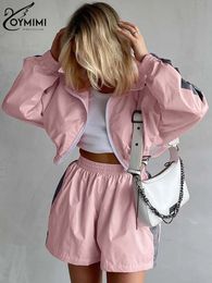 Oymimi Fashion Pink Patchwork Two Piece Set For Women Elegant Long Sleeve Zipper Sweatshirt And High Waist Shorts Streetwear 240426