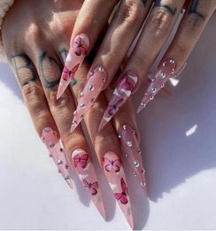 False Nails 24Pcs Press On Long Stiletto With Glue Pink Butterfly Cloud Rhinestones Design Acrylic Fake Nail DetachableFalse1932331