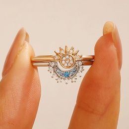 Wedding Rings 2024 Celestial Blue Sparkling Moon Sun Star Crystal Ring For Women Fashion Elegant Stackable Finger Band Party Jewelry Gifts