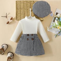 Clothing Sets 0-3Y Born Infant Kid Baby Girls Clothes Ribbed Long Sleeve Pullovers Tops Plaid Skirts Hats 3Pcs Autumn Winter Outfits