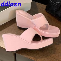 Slippers 2024 Luxury Ladies Wedges Slides Shoes Fashion Silk Women Flip Flops Female Pink Footwear