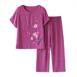 Women's Two Piece Pants Women Pajama Set Elegant Mid-aged With Floral Print Short Sleeve Top Wide Leg Comfortable For Mother