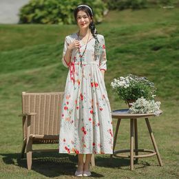 Party Dresses Half Sleeve Cotton Linen Loose Spring Summer Dress Print Floral Slim Waist Outdoor Travel Style Casual Women Long Vintage