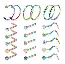 21pcsSet Hoop Nose Ring Set Stainless Steel Gold Silver Black Nose Rings Body Jewellery Lip Titanium Piercing Stick Bar for Men Wom8036721