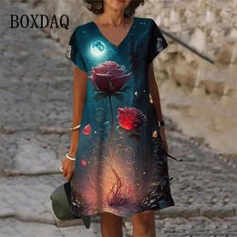 Casual Dresses 2024 Women's Summer Dress Pullover Fashion Scenery Rose Floral Print A-Line Sexy V-Neck Short Sleeve Oversized