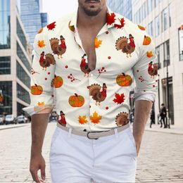 Men's Casual Shirts Turkey Print Shirt For Mens Holiday Long Sleeved Blouses Tops Spring Fall Cardigan Single Breasted Lapel Blouse