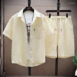 Men's Tracksuits Set High Quality Ice Silk Plaid Short Sleeved Lapel Shirt Shorts Two-piece For Men Korean Luxury Casual Oversize Clothing