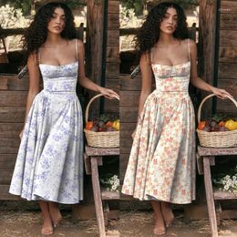 Casual Dresses 2024 Summer Fashion Elegant Midi Spaghetti Strap Solid Slim Pastoral Style A Line Dress Sexy Women's Clothing