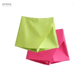 Women's Shorts PERITANG Women Fashion Candy Color Asymmetrical Skirts Lady Zipper Pockets Chic Pantalone Cortos