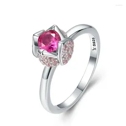 With Side Stones 925 Sterling Silver Romantic Rose Flower You Pink Cubic Zircon Finger Rings For Women Wedding Jewellery SCR455