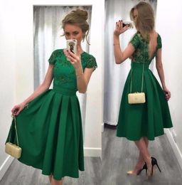 Green Short Cocktail Party Dresses Tea Length ALine with Short Sleeve Open Back Sequin Lace 2017 Women Bridesmaid Dress 6279564