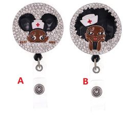 Newest Style Key Rings Black Girl Rhinestone Retractable ID Holder for nurse name accessories badge reel with alligator clip8464146