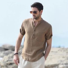 Men's Casual Shirts 2024 Summer Light Breathable Short Sleeved Linen Shirt Loose Stand Collar Thin Top Vintage Cotton Male Beach