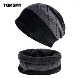 Berets Winter Beanies Men Thick Hat Scarf Set Fashion Knitted Striped Skullies Caps Man Double Layer Warm Men's Bonnet Sets Bone Gorros