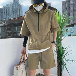 Men's Tracksuits 2Pcs Men Summer Tracksuit Shorts Set Hooded T Shirt Zipped Matching Solid Cargo Large Size Casual Suit 4XL Male Clothes