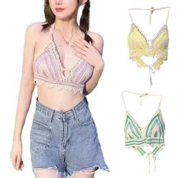 Women's Tanks Women Ethnic Crochet Halterneck Camisole Bras Knitted Colorblock Striped Beach Holiday Bustiers Crop Top Vests N7YF