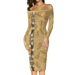 Party Dresses Women'S Long-Sleeved Dress Polynesian Tribe Designed Elegant Form-Fitting One-Shoulder