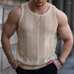 Men's Tank Tops Summer Light Luxury Hollow Out O Neck Leisure Striped Knit Retro Sleeveless Fashion Solid Colour Knitwear