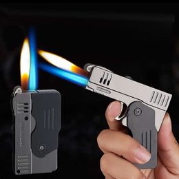 Creative Cigar Lighter Fold Gun Shaped Dual Flame Side Grinding Wheel Refillable Butane Blue Flame Without Gas Torch Lighter