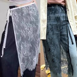 Skirts Korean Tie Up Waist Vintage See Through Eyelash Lace Half Skirt For Womens