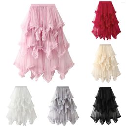 Skirts Princess Puffy Tulle Skirt Women Irregular Aesthetic Pleated Asymmetrical Sheer Thin Solid Colour Mesh Mid Length