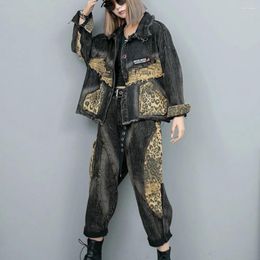 Women's Two Piece Pants Vintage Combination Leopard Print Denim Fashion Pant Set Women 2024 Spring Autumn Jacket Jeans Two-piece LX819