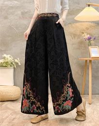 Ethnic Clothing 2024 Chinese Vintage Folk Pants Satin Jacquard Trousers National Flower Embroidery Elastic Waist Wide Leg