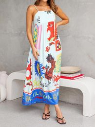 Casual Dresses Women Sleeveless Dress Summer Cartoon Print Tie Back A-Line Party For Vacation Cocktail Beach Streetwear