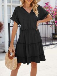 Casual Dresses Women's Summer A-Line Dress Rolled Short Sleeve V Neck Frill Trim Flowy