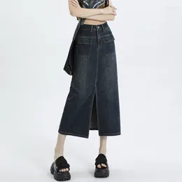 Skirts Women's Denim 2024 Summer High Waist Front Fork Slim Loose Pockets Female A-line Midi Skirt