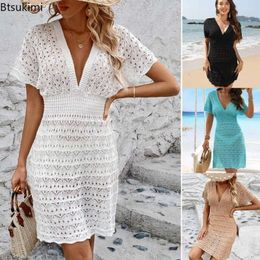 Casual Dresses 2024 Women's Sexy Cutout Crochet Bikini Swim Cover Up Solid V-neck Short Sleeve Beach Tunic Mini Dress Summer Beachwear