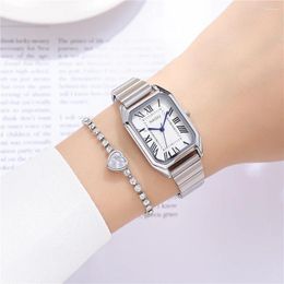 Wristwatches 2pcs/set Fashion Rectangle Dial Roman Scale Quartz Steel Women Ladies Dress Watch
