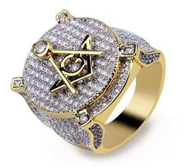 Men Hip hop iced out bling Mason Rings Pave Setting Cubic Zirconia CZ Rings fashion popular Masonic Charm Ring Hiphop jewelry9403637