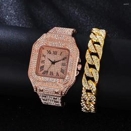 Wristwatches 2pcs Set Gold Square Full Star Steel Band Watches Diamond Luxury With Bracelet Roman Scale Quartz Watch For Women