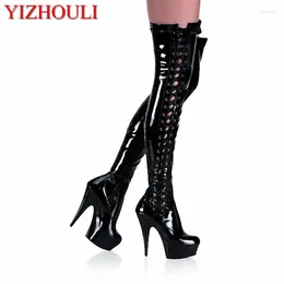 Boots 15cm Ultra High Heels Tall Lacing Round Toe Over-the-knee Women's Cutout Dance Shoes 6 Inch Sexy Thigh