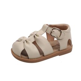 2024 Summer Kids Sandals For Girls Leather Bowtie Closed Toe Baby Shoes Soft Sole Fashion Toddler Girls Sandals EU 21-30 240417