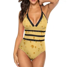 Women's Swimwear Cheese Sexy One Shoulder Piece Swimsuit Mesh Patchwork Monokini Food Cheesy Yellow Pattern