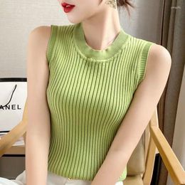 Women's Tanks Korean Version Fashion Versatile Sleeveless Ice Silk Round Neck Vest Suspender Women Summer Simple Solid Patchwork Knit Tank