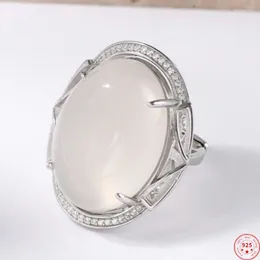 Cluster Rings S925 Sterling Silver For Women Men Fashion Oval Big Chalcedony Full Micro Zircon Vintage Punk Jewelry