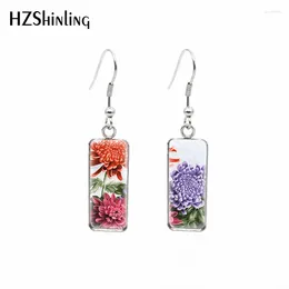 Dangle Earrings 2024 Chrysanthemum Rectangular Earring Flower Painting Fish Hook Glass Cabochon Handmade Jewelry